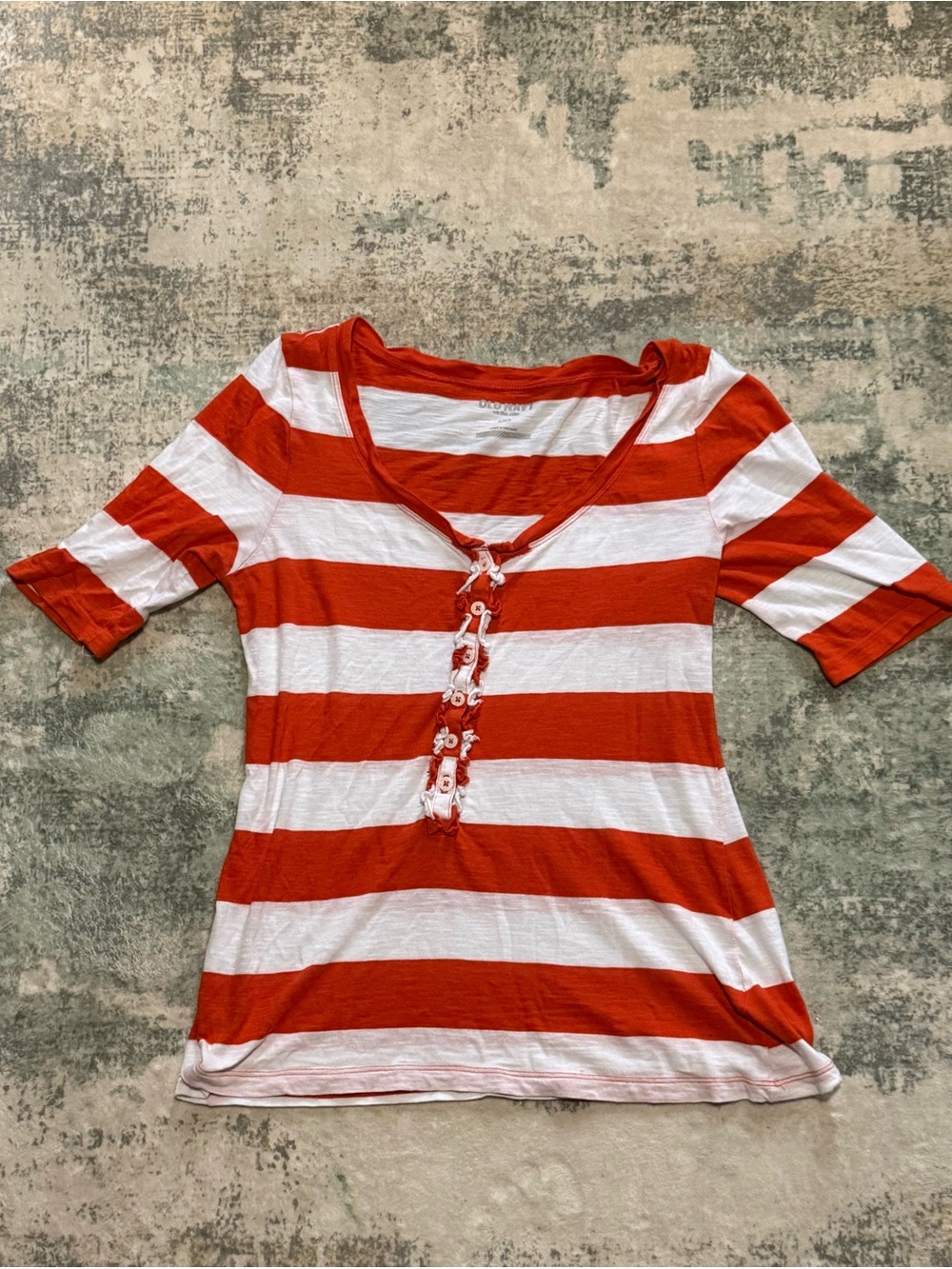 Old Navy Comfy Orange & White Stripe Henley Top With Ruffle & Buttons- Large